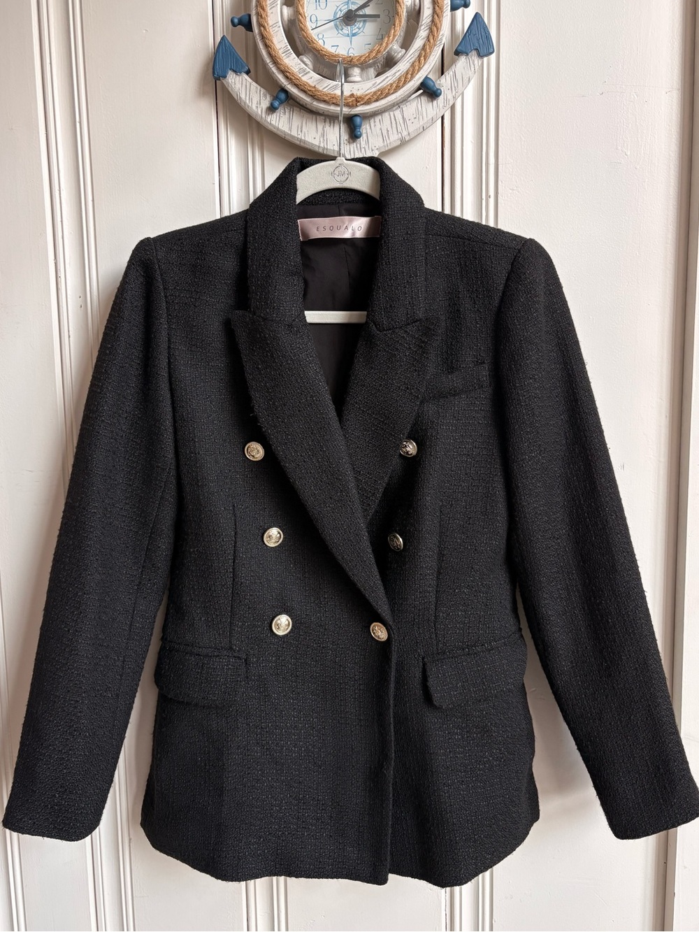 ESQUALO Black Double-Breasted Textured Blazer with silver  Buttons size 4